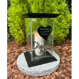 Grablampe mit Herz und Blumen Motiv Grabkerze Grablicht Grabdeko mit Tür 25,5 cm H. Friedhofskerze Grabstätten eine LED Kerze Gratis - Lieferung ohne Sockel NEU