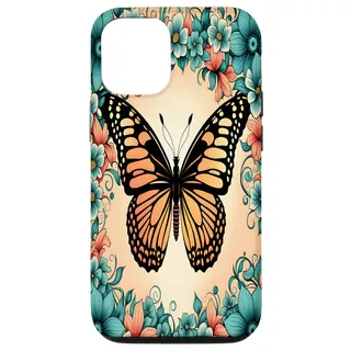 Hülle für iPhone 15 Lebendiger schöner orangefarbener Schmetterling und kräftige blaue Blumen