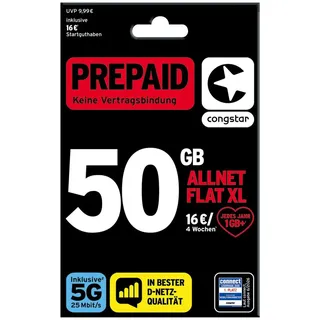Congstar Prepaid ALLNET XL SIM-Karte ohne Vertrag I 55 GB Datenvolumen & Flatrate für Telefonie und SMS 5G-Speed, EU-Roaming