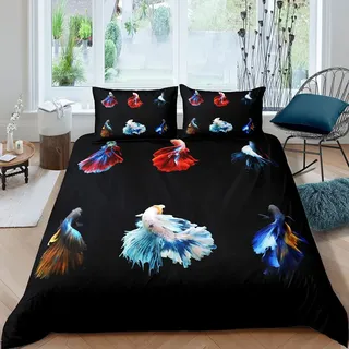 Homemissing Betta Fisch Bettbezug Set Bunte siamesische Kampffisch Betten Set Unterwassertier Muster Bettwäsche Set 135x200cm Für Kinder Erwachsene Aquarium Leben im Meer SeaWelt Raumdekoration