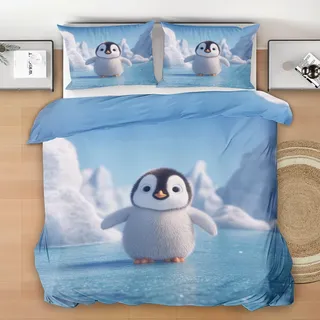 Generisch Bettwäsche 135x200 2 Teilig Süße Pinguine, Eisberg Wendebettwäsche, Cartoon Pinguin Bettbezug Microfaser mit 1 Kissenbezug und Reißverschluss