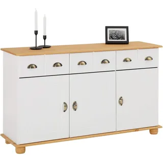 IDIMEX Apothekerkommode Colmar, Weiß/Braun - Sideboard mit 3 Schubladen und 3 Türen, im Landhausstil, Kiefer Massivholz, Muschelgriffe aus Metall, ideal für Flur, Schlafzimmer oder Wohnzimmer