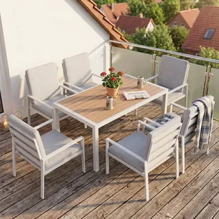 MeXo Gartenlounge-Set Gartenmöbel Set Aluminium 6 Personen, wetterfeste Garten-Essgruppe mit dicke Kissen & Esstisch 140x80x70cm, Outdoor Indoor M... - Weiß