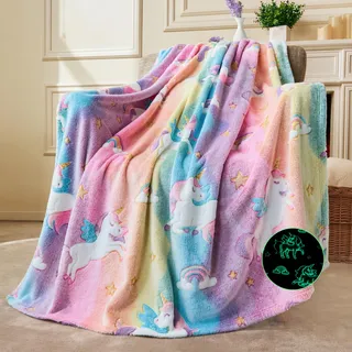 Joiedomi Kuscheldecke Leuchtet im Dunkeln Kinderdecke 127x152cm Einhorn | 2-12 jahre mädchen decke kinder glow in the dark weiche warme decke sofadecke wohndecke flanell decke geschenk geburtstag