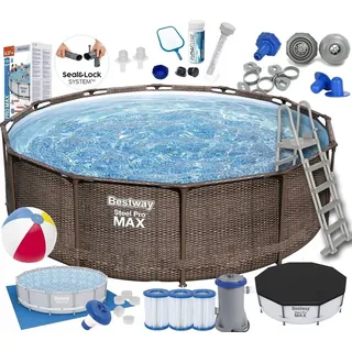 XXL SET Steel Pro Max Pool Schwimmbecken Rattanoptik Frame Pool 366x100 cm Pumpe SET mit viel Zubehör