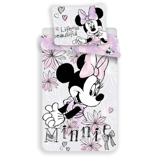 Minnie Mouse Beautiful Life Bettwäsche, Wendebettwäsche Größe: 140x200 cm, Kissen 70x90 cm 100% Baumwolle in Grau/Rosa