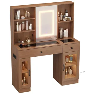 Schminktisch mit LED-Spiegel & Glasplatte, Beleuchteter Frisiertisch mit 3-Farben-LED, Schubladen, Glasvitrinen, USB/AC-Anschlüssen und kratzfester Oberfläche für den perfekten Beauty-Bereich