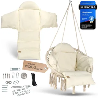 BELLAMATILDA® Premium Hängesessel mit Korb & XXL Kissen + 360° Montagezubehör - Outdoor & Indoor Hängeschaukel - Hängesitz/Hängestuhl ohne Gestell für Garten, Wohnzimmer, Balkon - Hängekorb bis 150kg