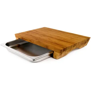 cleenbo® Schneidebrett mit Auffangschale "Style Bamboo" Profi Holz Küchenbrett aus Bambus - Holzbrett Schneidbrett mit Auffangbehälter/Behälter (Edelstahl Schublade) Bambusbrett Maße: 43x29x7cm
