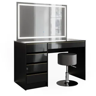 Vicco Schminktisch Sherry Schwarz Hochglanz Gold 120 x 75 cm 5 Schubladen LED-Spiegel Hocker