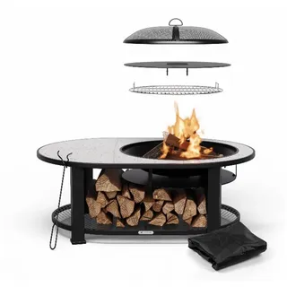 blumfeldt Feuerschale Merano Round L, (Set, Set), Garten Grill Tisch Funkenschutz Feuerkorb Feuerstelle Outdoor weiß