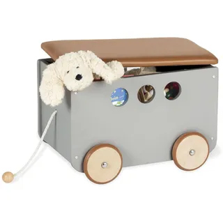 Pinolino Spielzeugkiste Jim, aus Holz und Kunstleder, mit Zugschnur, gummierten Holzrädern und abnehmbarem Deckel, grau lackiert/Kunstleder braun