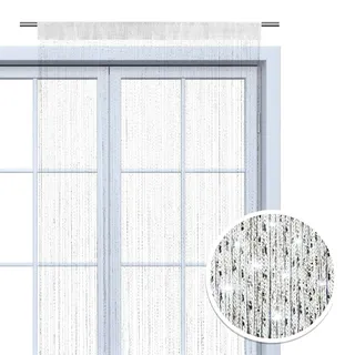 Wometo Faden-Vorhang Glitzer-Vorhang 90x245 - weiß-Silber glänzender Deko Schal transparent halbtransparent Weihnachten