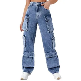 TERAZUNO Damen Jeans Hohe Taille Trendy Cargo Jeans Retro Breite Beine Denim Hose 90er Y2K Aesthetic Relaxed Fit Gewaschene Jeans Hip Hop Freizeit Lose Mehrere Taschen Cargo Hose - L