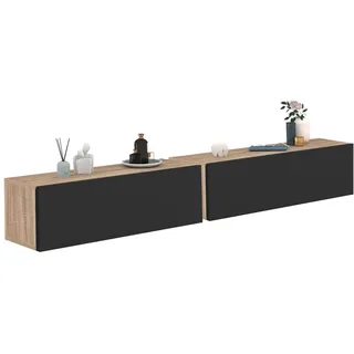 IDMarket - Set aus 2 Hängekonsolen Wandregale ELYOS 1 Tür Holz und Schwarz