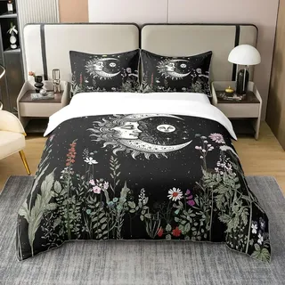 100% Baumwolle Sonnenmond Bettbezug 135x200,Böhmische Mondphase Bettwäsche Set für Kinder Kind Jungen Mädchen,Galaxy Sternenhimmel Sterne Tröster Abdeckung,Botanische Wildblume Floral Bett Set