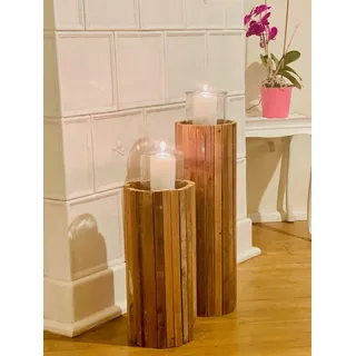 Dekoleidenschaft Windlichtsäule Rustikal aus recyceltem Holz, 63 cm hoch, Kerzensäule, Holzsäule, Kerzenhalter, Dekosäule mit Kerzenglas, Bodenwindlicht