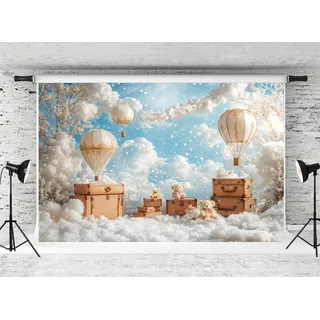 Kate 3 x 2 m/10 x 6,5 Fuß Fotografie-Hintergrund Heißluftballon Blauer Himmel Muster für Kinder Geburtstag Hintergrund Bär Gepäck Baby Fotostudio Porträtaufnahmen