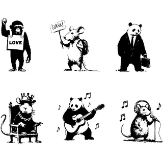 PLIGREAT Wandaufkleber Im Banksy Stil Abnehmbare Vinyl Wandtattoos Mit Musikalischen Tiermotiven Banksy Graffiti Kunst Wandaufkleber Für Schlafzimmer Wohnzimmer Büro Zuhause DIY Innendekoration