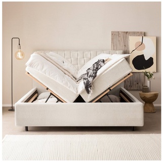 BettCo Stauraumbett Barcelo (in Altweiß Teddystoff, 160 x 200 cm), Bettkasten XXL, optionale Matratze, mit Lattenrost, Runde Metallfüße weiß