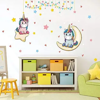 Kibi Einhorn Wandtattoo Einhorn mit Sternen Bunt Einhörner Wandtattoo Babyzimmer Wandsticker Einhorn Mädchen Entfernbarer Wandaufkleber Einhorn Kinderzimmer Schlafzimmer Wanddekoration