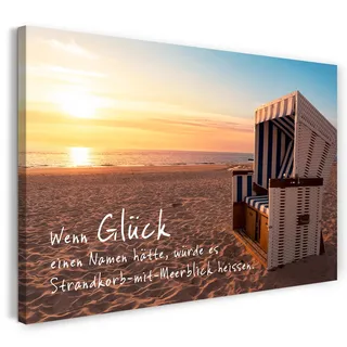 Printistico Leinwandbild (120x80cm) Meer Glück - Strandbild mit Meer Spruch und Strandkorb, echter Holz-Keilrahmen inkl. Aufhänger, handgefertigt in Deutschland