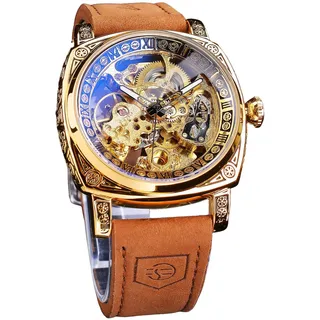 FORSINING Fancy Uhren für Männer, quadratische Retro mechanische Uhr Self-Wind geschnitzt, Gear Uhrwerk Golden Skelett Luxus Automatische Uhren Vintage Lederarmband Armbanduhr (Retro)