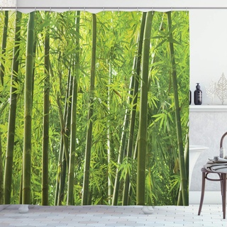 ABAKUHAUS Grün Duschvorhang, Exotische Tropische Bambus, Stoffliches Gewebe Badezimmerdekorationsset mit Haken, 175 x 200 cm, Grün