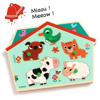 DJECO Puzzle Soundpuzzle Ouaf woof Holzpuzzle Tierpuzzle Lernspiel, 5 Puzzleteile