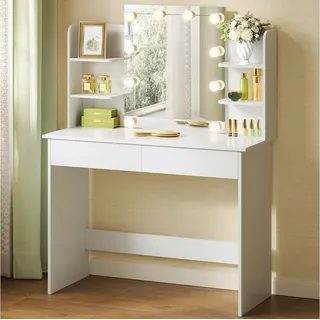 Woltu Schminktisch mit LED-Beleuchtung, mit Spiegel 90x135x40 cm, Weiß, | Weiß