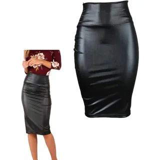 Frauen PU Rock, hoher Taillenbeutel Bleistiftmidi Rock, schwarzer Kunstleder Wrap Bürorock, elastische lässige, schlanke hippegewickelte Bleistiftkleid, halbkörper Midi Hip Business Rock für Arbeit - L