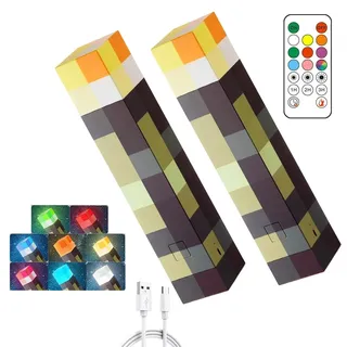 2 Stück Fackel Lampe Wandlampe Miner Craft 28cm Nachtlampe Miner Game USB Wiederaufladbare 8 Farbe LED Lichter mit Fernsteuerung Hand & Wandhalterung Beleuchtung Nachttischlampe für Kinder Geschenke