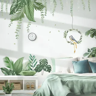 KAIRNE Dschungel Wandtattoo Hängende Grün Pflanzen Vogel Schlafzimmer Natur