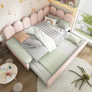FAVSH Ausziehbett, Tagesbett Ausziehbar Polsterbett Daybett 90x190cm, Große Lagerung Schubladen, Kinderbett mit Lattenrost, Samt, Geeignet für Teenager und Kinder(ohne Matratze )(Rosa)