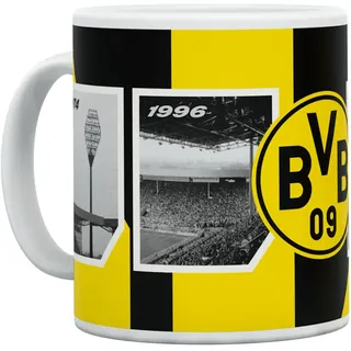 BVB Tasse Stadion - 50 Jahre Jubiläumsedition - Schwarzgelbe Keramiktasse mit 0,3 Liter Fassungsvermögen und Großem BVB Emblem
