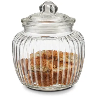 KHG Bonbonglas 18 cm Höhe, Kapazität 1 Liter, mit Deckel, Candy Bar Glas luftdicht, Vorratsglas Süßigkeiten, Bonbons & Cookies, Küchenglas geriffelt mit Knopfgriff