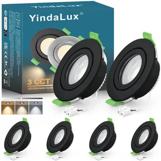 YindaLux 6er set LED Einbaustrahler 230V IP65 Dimmbar 2700K/4000K/6000K Einbaustrahler GU10 Rahmen inkl 5W LED Modul, Matt Schwarz Deckenspots Rund Flach Einbauleuchten 68mm bohrloch für Aussen- Innen