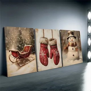 TROYSINC 3er Weihnachten Poster Set, Winter Bilder im Retro-Look, Nostalgische Wanddekoration mit Schlitten, roter Handschuh & Schneemann für gemütliche Weihnachtsatmosphäre (30x40cm)