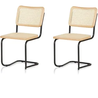 KHG 2er Set Schwingstühle Freischwinger schwarz - Rückenlehne und Sitzfläche aus Massivholz Buche und Rattan - Esszimmerstuhl, Küchenstuhl Design Stuhl mit Wiener Geflecht