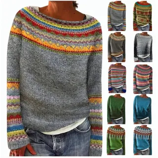 Dyhxuan Pullover Damen Vintage Strickpullover Große Größen Norweger Pulli Warm Bequem Winterpullover Elegant Sweater Rundhals Strickpulli Langarm Wollpullover Autumn Winter Oberteile Wollpulli - M