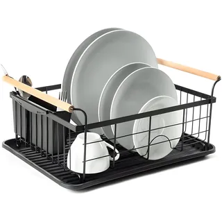 Retoo Abtropfgestell Einlagige Geschirr Abtropfständer, Geschirrabtropfer Drip, Tropfschale, Geschirrabtropfgestell, Besteckhalte, Besteckständer mit Herausnehmbarem Tablett, 43x32x19cm, Schwarz