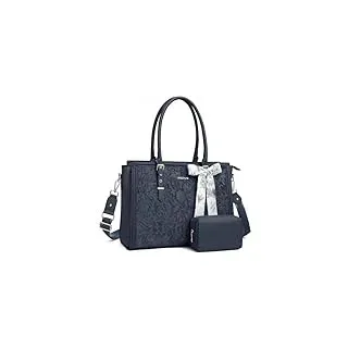 MOSISO Laptoptasche Damen, 15,6-16 Zoll PU Lehrertasche Handtasche Kompatibel mit MacBook HP Dell Asus, Vorderseite Prägung Retro Hibiskus Aktentasche mit Seidenschal&Clutchtasche, Haze Blau