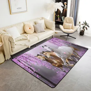 Loussiesd Pferd Teppich 100x150cm Galoppierende Matte für Wohnzimmer Schlafzimmer - Kirschblüten Dekor rutschfeste Bereich Runner
