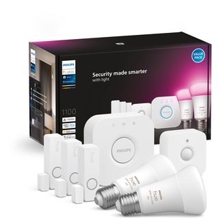 Philips Hue Secure Starter Kit mit 3 sicheren Kontaktsensoren (weiß), 1 Bewegungssensor für den Innenbereich, 2 White Ambiance & Color E27 LED Lampen, 1 Bridge