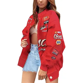 ORANDESIGNE Bomberjacke Damen Sweatjacke Ladies College Sweat Jacket Reißverschluss Für Frauen Oversized Patchwork Jacke Vintage Druck Jacken Baseball Mantel Sport Jacke D Rot M - M
