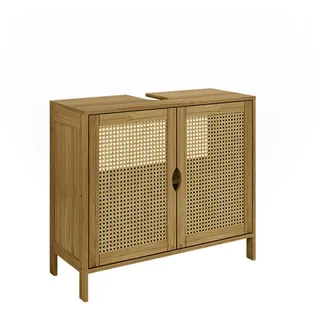 Vicco Waschbeckenunterschrank, Liora, Bambus/Rattan/Creme, 68 x 60 cm mit 2 Türen zur Aufbewahrung von Badutensilien und Handtüchern