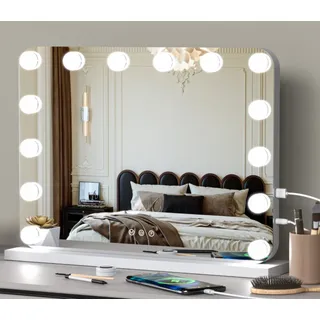JDONG Schminkspiegel mit Beleuchtung Hollywood Spiegel - 50*40/58*43CM (Kosmetikspiegel mit 11/14 LED-Glühbirnen, mit Ladeanschlüssen, 3 Farbtemperatur Licht Hollywood Spiegel mit Beleuchtung), Touch-Steuerung für Schlafzimmer Ankleidezimmer weiß Ø 58 cm