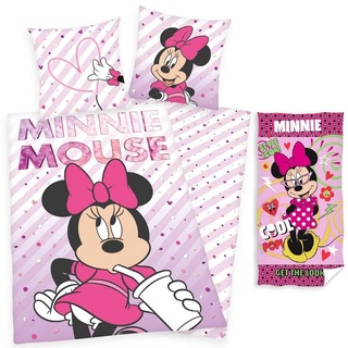 Kinderbettwäsche Disney ́s Minnie Mouse - Bettwäsche-Set, 135x200 & Handtuch, 70x140, Disney Minnie Mouse, Baumwolle, 100% Baumwolle rosa