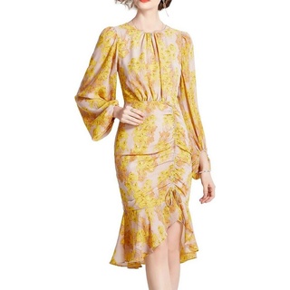 FIDDY A-Linien-Kleid Damen Bodycon Rundhals Blumendruck Minikleider Langarm Kleid L