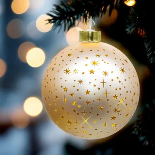 LED Glas Weihnachtskugel Champagner 12 cm zum Hängen mit Timer | Sterne Motiv soft gold beleuchtet, batteriebetrieben, Dekokugel, Weihnachten Advent Deko
